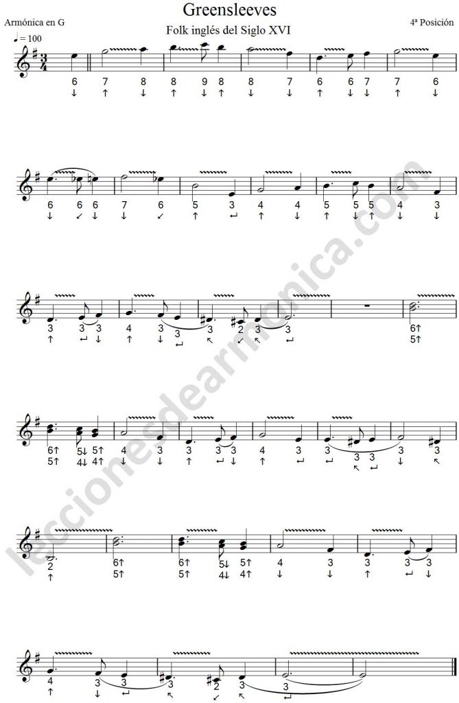 Partitura para armónica del tema Greensleeves