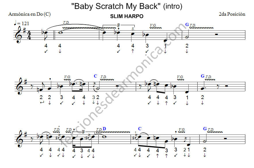 Partitura de armónica de "Baby Scratch My Back" - versión armónica en C - parte 1